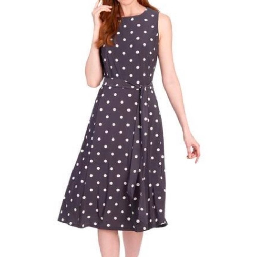Anne Klein Grey Polka Dot Belted Fit And Flare Midi Dress - Size 12
